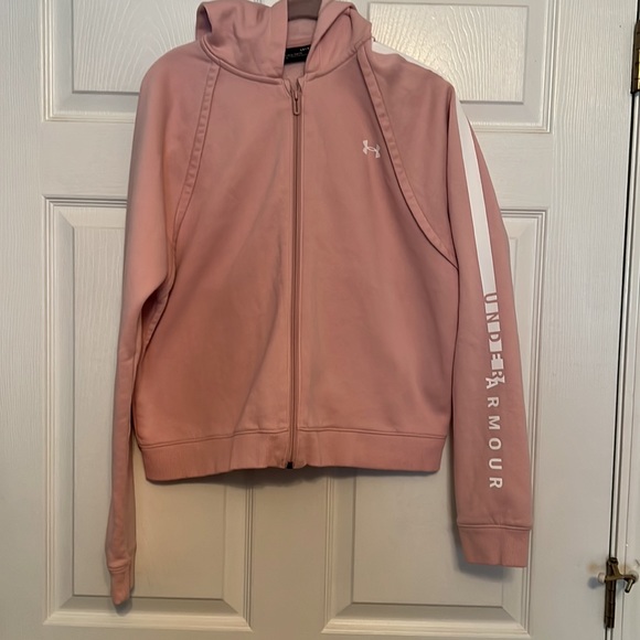 LADIES PINK HOODED UNDER ARMOUR ZIP FRONT JACKET SIZE LG LOOSE FIT VERY GOOD - Picture 2 of 8